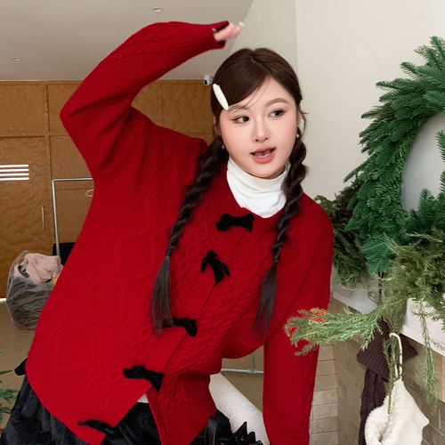 YUZI鱼子红色氛围感毛衣开衫新年千金感黑色丝绒蝴蝶结大码女装 - 图1