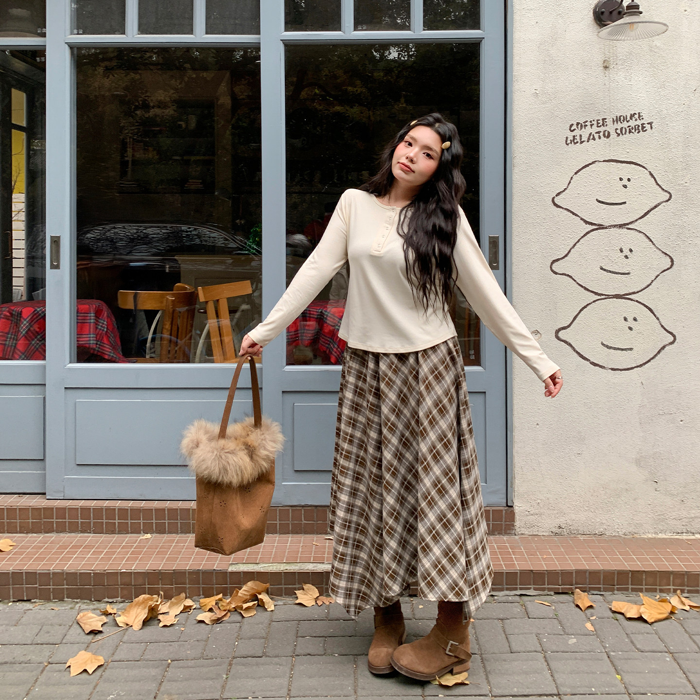 YUZI鱼子咖色格纹半身裙长款英伦复古不规则百搭遮肉显瘦大码女装,淘宝优惠券,粉丝福利购,淘宝优惠卷