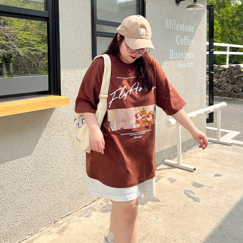 YUZI鱼子上衣T恤短袖大码女装微胖mm妹显瘦遮肉200斤印花百搭透气 - 图2