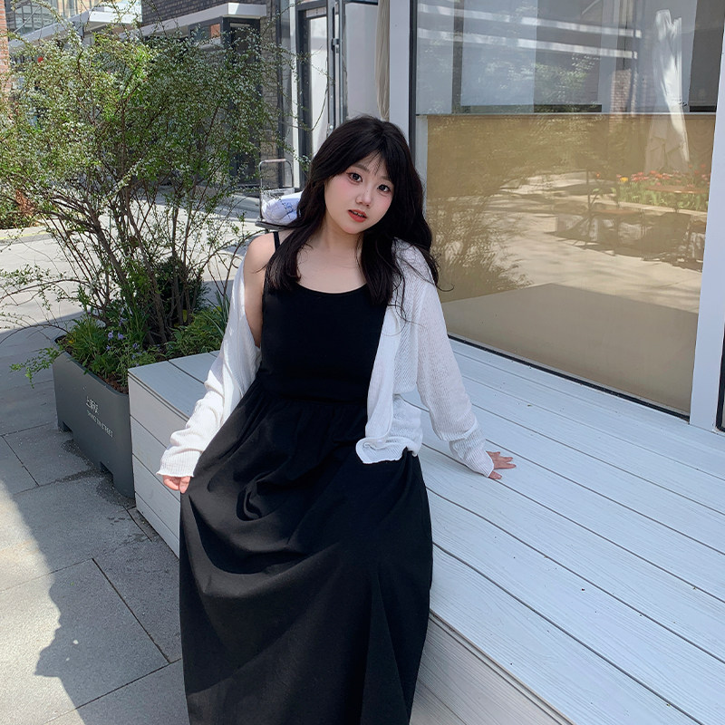 YUZI鱼子法式套装大码女装U领微胖mm显瘦遮肉防晒衫吊带连衣裙子,淘宝优惠券,粉丝福利购,淘宝优惠卷