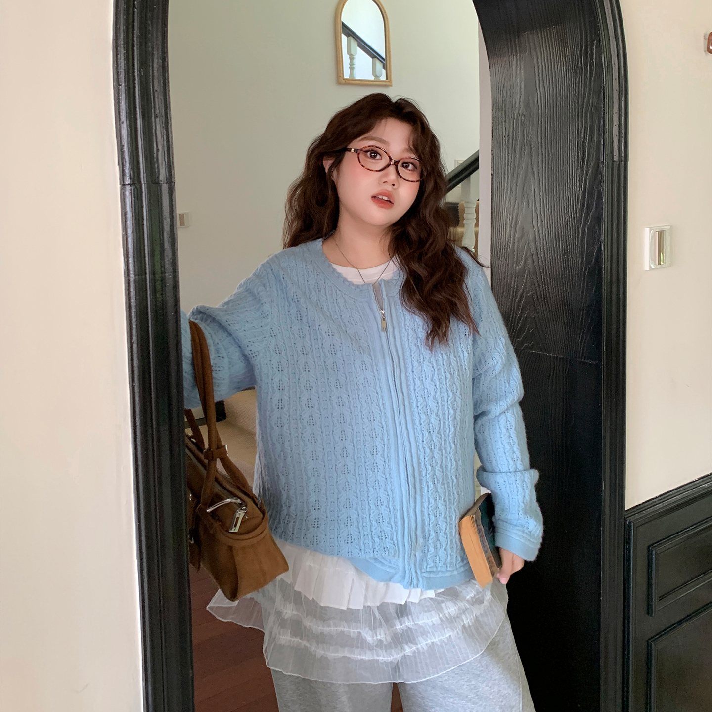 YUZI 鱼子肌理花纹巴胺软糯针织开衫特大码女装胖mm秋冬显瘦百搭 - 图3