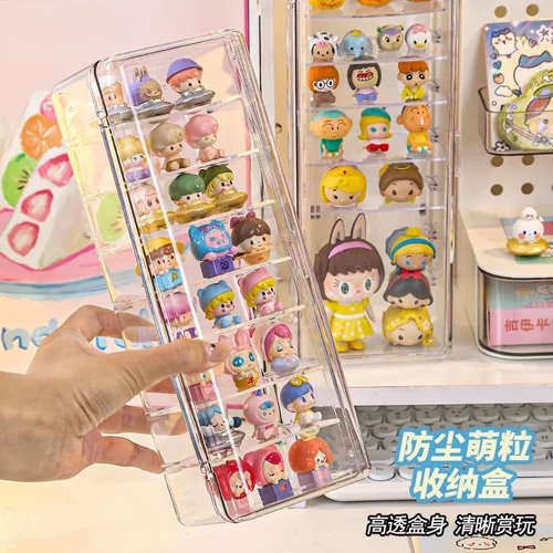 透明萌粒收纳盒桌面多层防尘手办盲盒展示架泡泡玛特小摆件整理盒 - 图0