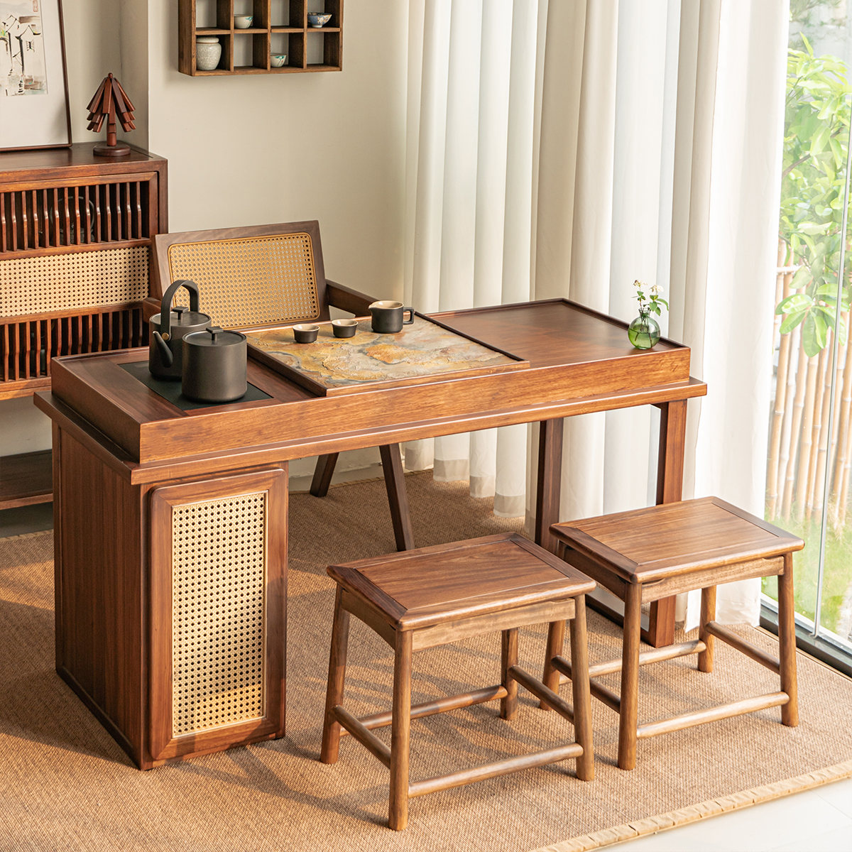 新中式茶桌椅组合北美黑胡桃木色茶室实木泡茶台阳台小茶桌椅组合 - 图3