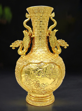 黄铜贴金花瓶客厅插花仿复古酒柜家居新中式高档装饰摆件