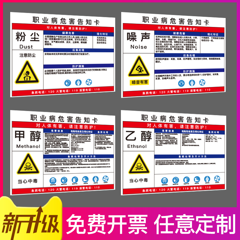 职业病危害告知牌卡噪音甲醇职业卫生警示警告标识公告栏粉尘高温危险化学品安全周知卡油漆盐酸硫酸标志定制 - 图0