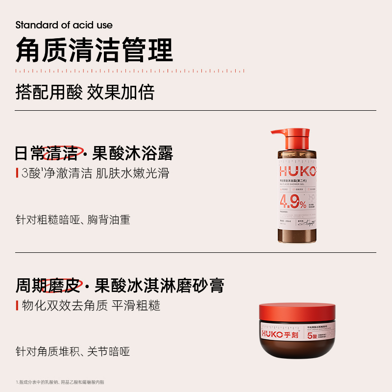 HUKO/乎刻果酸沐浴露磨砂膏套装 去角质粗糙嫩肤清洁提亮持久留香