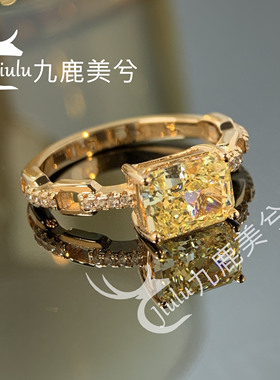 培育高碳钻2克拉冰花切艳彩黄 精工厚镀18K玫瑰金戒指6*8长方钻戒