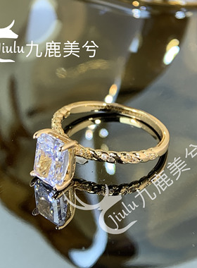 培育冰花切2克拉雷迪恩薰衣草戒指厚镀18K金镶嵌6*8长方钻戒彩宝