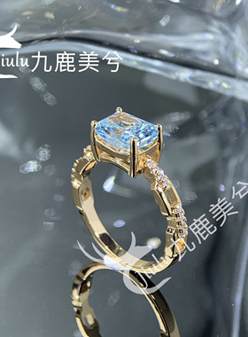 不掉色 厚镀18K金戒指天空蓝2克拉雷迪恩冰花切培育高碳钻6*8长方