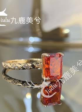 培育冰花切2克拉雷迪恩中国红戒指厚镀18K金镶嵌6*8长方钻戒彩宝