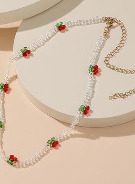 Colorful Beaded cherry rice Bead Necklace 彩色樱桃米珠项链女