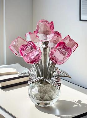 创意水晶花朵七朵玫瑰花桌面摆件节日送朋友老师礼物摆件水晶花朵