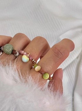 手作新中式复古串珠戒指女小众设计咖色系超美个性戒指配饰潮