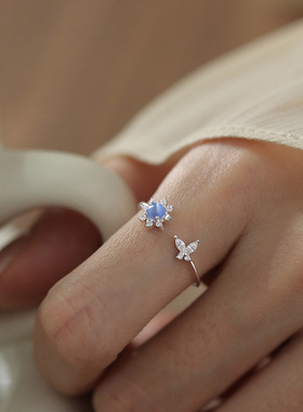 蓝色猫眼石太阳花戒指甜美奶油气质女轻奢锆石蝴蝶花朵指环关节戒