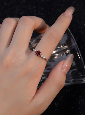 朱砂玫瑰花戒指复古气质小花关节戒红色花朵锆石指环求婚告白礼物