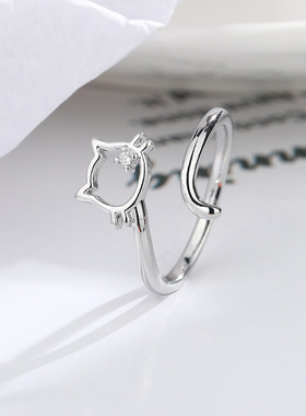 镶锆石镂空猫咪戒指可爱气质小清新呆萌猫头戒子单钻小猫食指戒