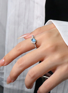 蓝眼泪戒指送女友告白星月食指戒子浅蓝色猫眼石星星月亮锆石指环