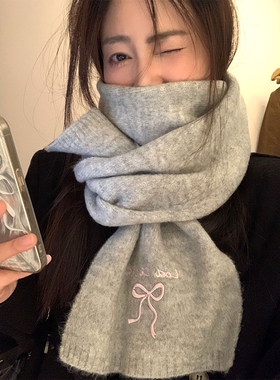 可爱蝴蝶结围巾冬季女2026新款氛围感灰色小巧保暖护颈针织围脖冬