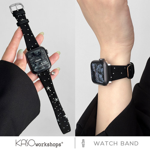 KASO新款细款波点牛仔布皮革iwatch手表带s11适用applewatch女款ultra苹果s9表带小众腕带s10高级感se复古 - 图0