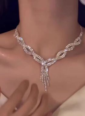 高级感满钻交错流苏项链女轻奢小众设计气质名媛夸张颈链锁骨链