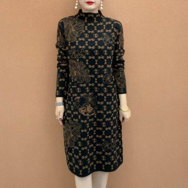 2025 autumn and winter new style velvet thickened printed dress half turtleneck temperament contrasting long sleeve mid-length bottoming skirt