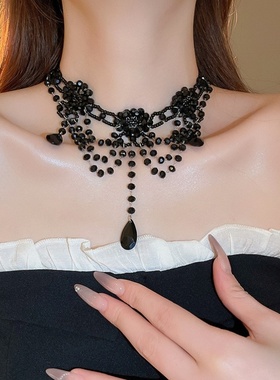 万圣节黑色辣妹风水晶项链女流苏水滴锁骨链颈链节日派对装扮配饰