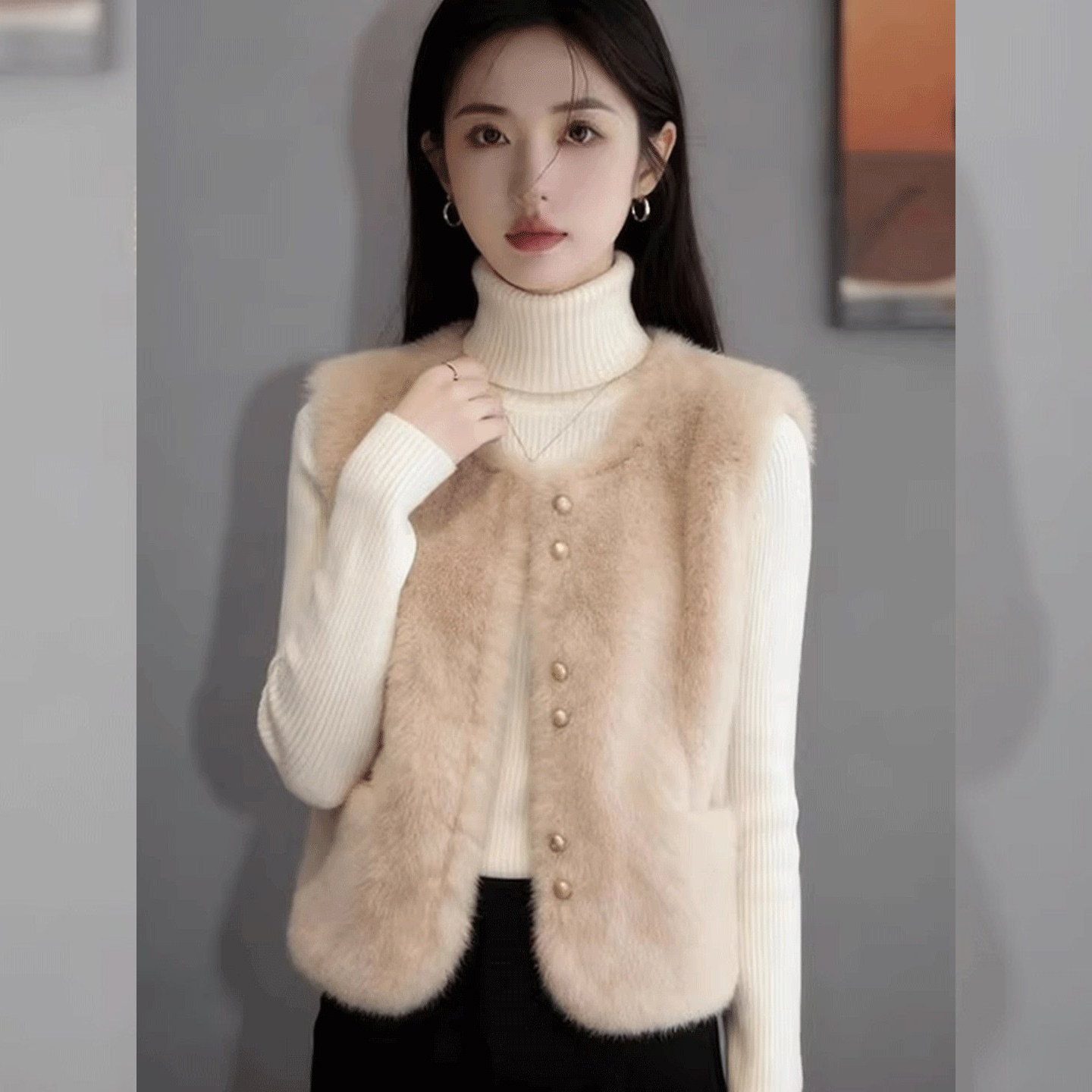 复古高知~杏色圆领毛毛马甲女款2026冬新款气质百搭保暖坎肩上衣,淘宝优惠券,粉丝福利购,淘宝优惠卷