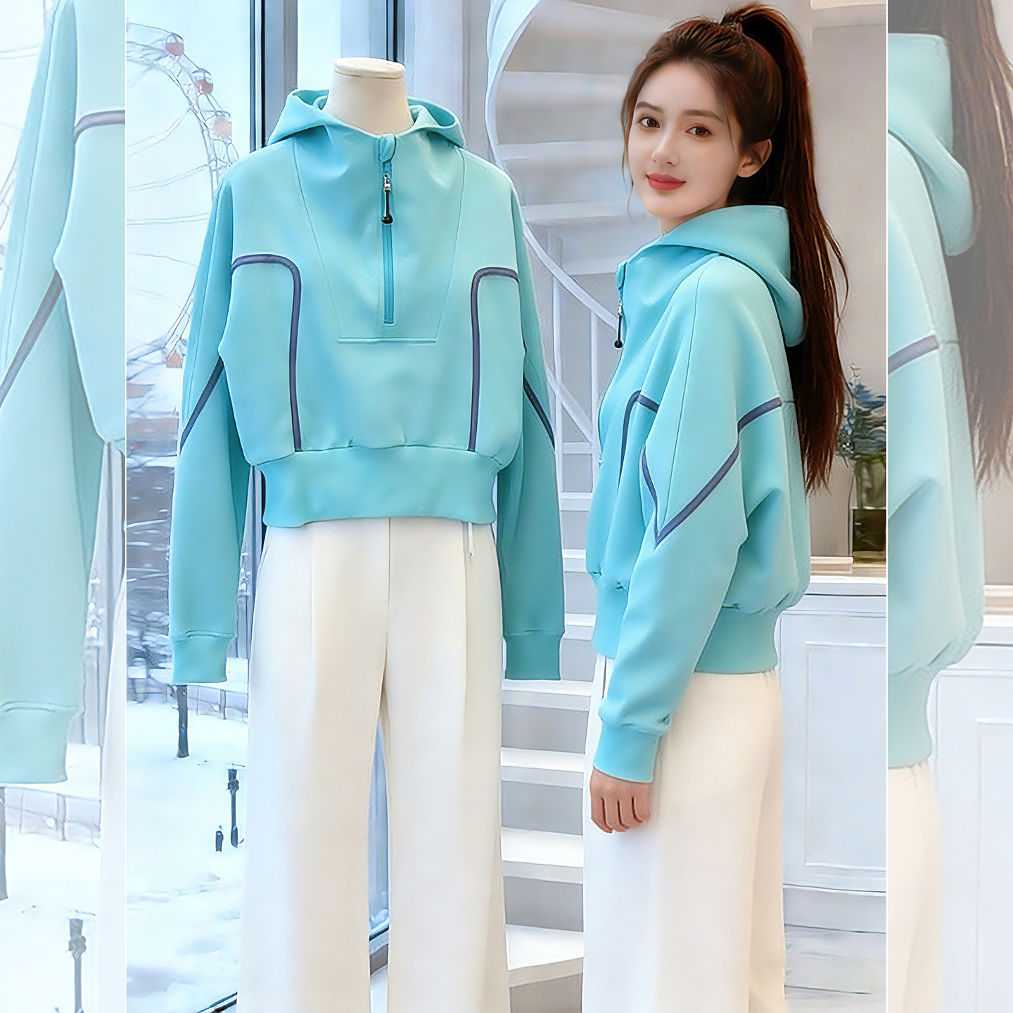 荧光蓝调~潮流高级感半拉链带帽卫衣女款冬季小个子宽松休闲上衣,淘宝优惠券,粉丝福利购,淘宝优惠卷