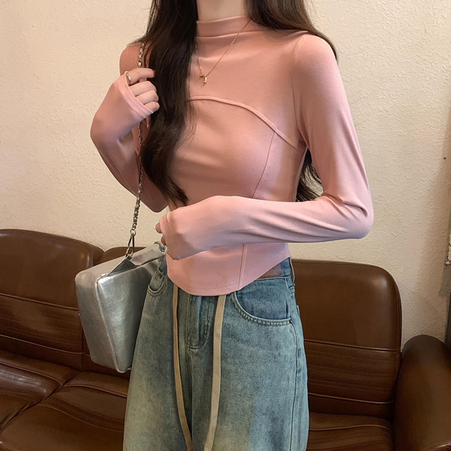 甜欲交织~粉色半高领打底衫女秋冬内搭修身显瘦磨毛长袖T恤短上衣,淘宝优惠券,粉丝福利购,淘宝优惠卷