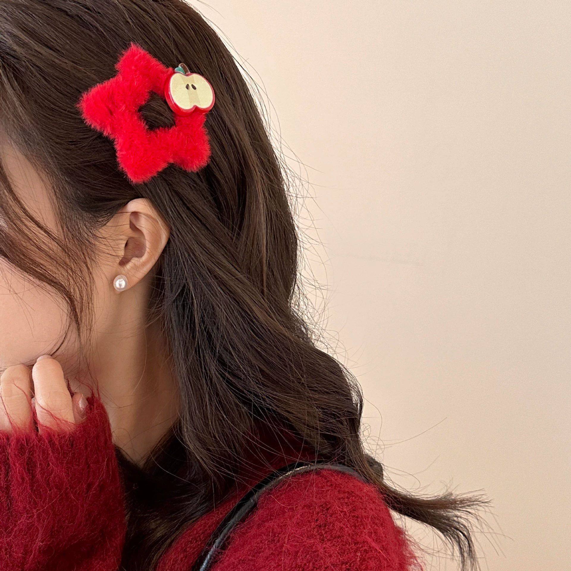 可爱圣诞苹果毛绒星星发夹女前额刘海夹甜美发卡碎发bb夹趣味头饰,淘宝优惠券,粉丝福利购,淘宝优惠卷