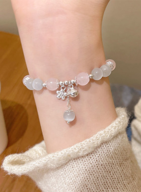 渐变粉色猫眼石串珠铃铛手链女ins风甜美小众设计手串闺蜜手饰品