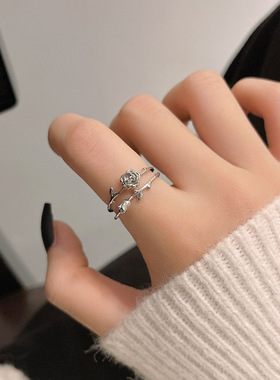 银色玫瑰花朵双层开口戒指女冷淡风小众设计食指环高级感复古手饰