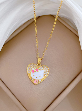 【钛钢】 爱心滴油猫咪满钻气质华丽满钻项链女百搭锁骨链钛钢链