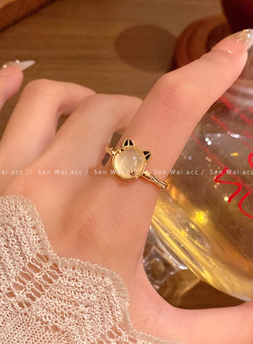 猫眼石猫咪开口戒指女生轻奢时尚个性金色食指戒2025年新款指环潮