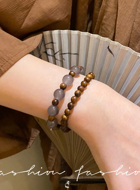 新中式木纹撞色串珠手链时尚复古仿玉石平安扣双层气质手串手饰品
