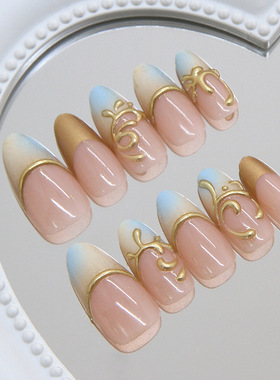 立体鎏金线条法式奶蓝晕染欧美风可拆卸美甲30片press on nails