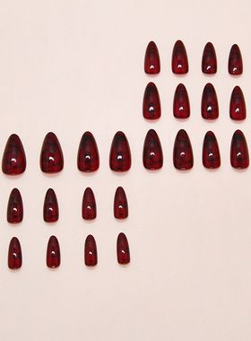 气质酒红烟熏晕染玫瑰欧美ins风可拆卸穿戴甲24片 press on nails