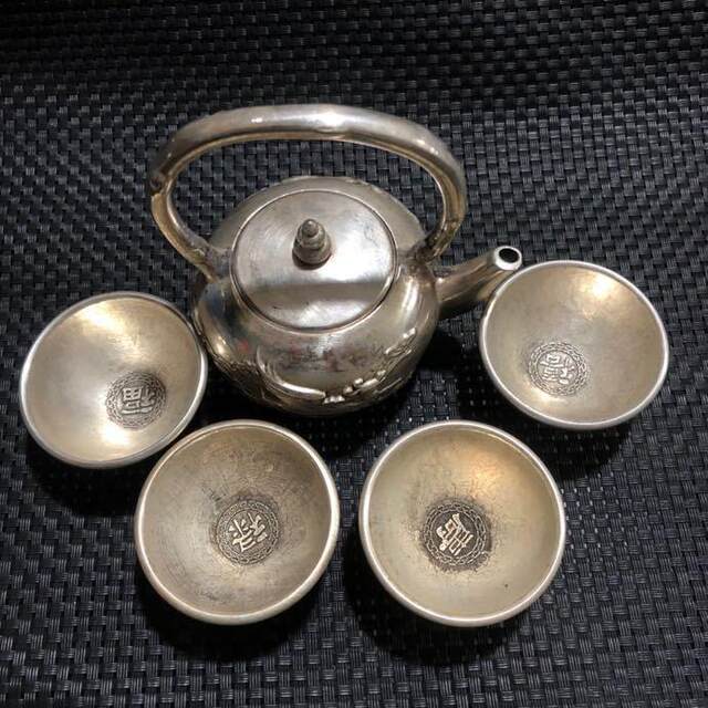 Antique miscellaneous antique old white copper silver-plated set of teacups and teapots