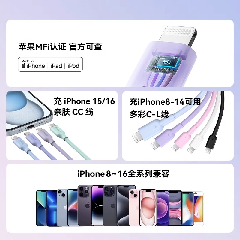 Anker安克typec快充PD数据线适配iPhone17双typec充电器线16苹果15Promax官方mfi认证手机充电线13pro快充线 - 图3