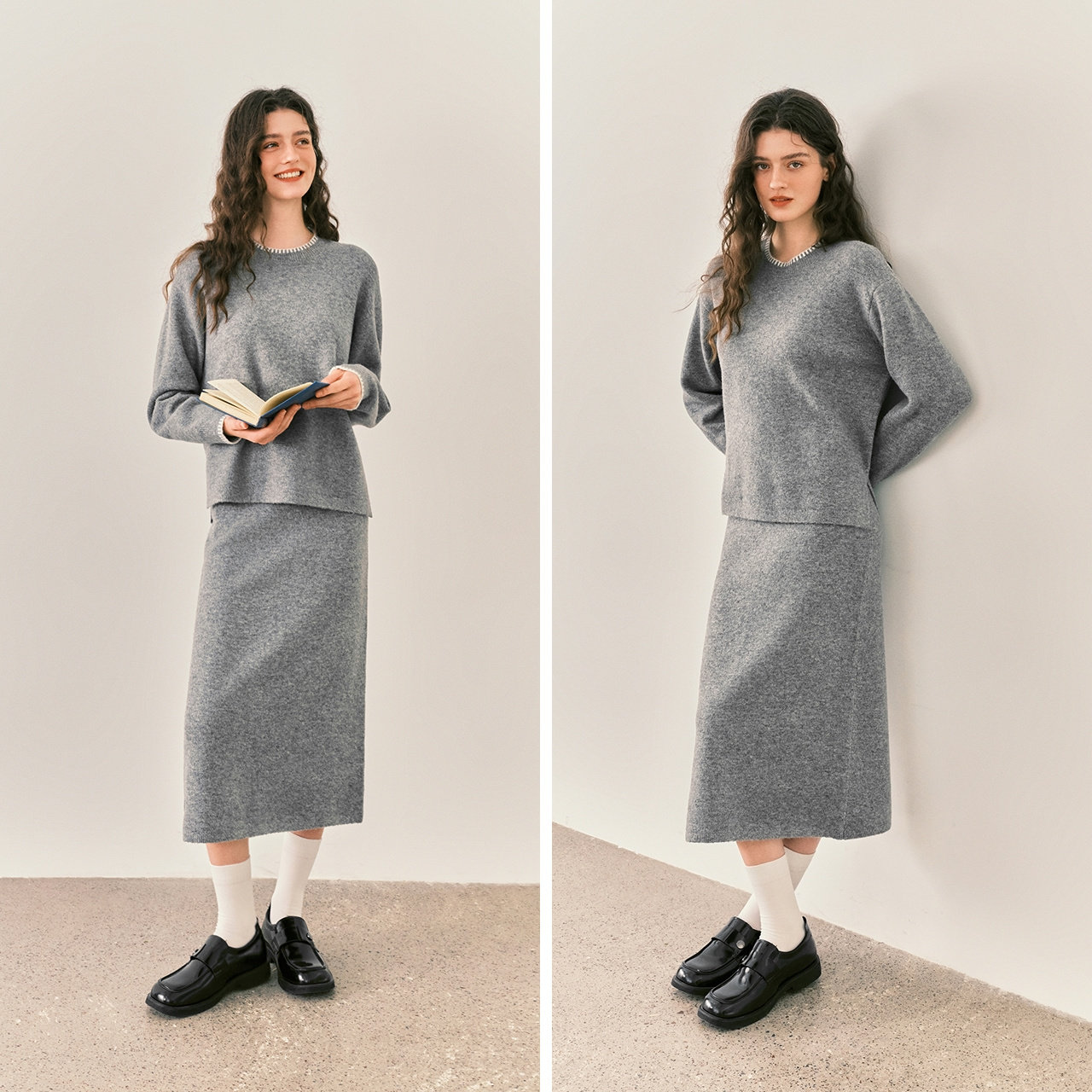 商场同款|森柔森马套装女冬撞色开叉毛衣直筒长裙2025新款两件套 - 图3