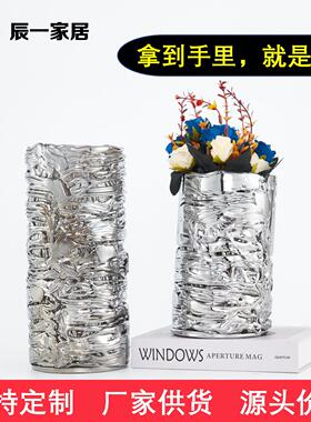 现代创意银色玻璃花瓶桌面插花干花花器客厅装饰品样板间软装摆件