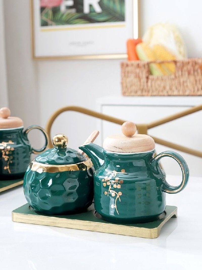 Pretty Kitchen ceramic emerald seasoning jar set salt - 图2