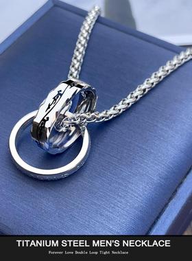 街头个性龙纹时尚双环吊坠钛钢