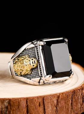 复古金色貔貅戒指男士潮黑色石头