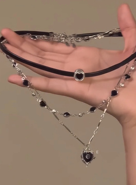 项链甜酷辣妹风多层叠戴项链女辣妹黑皮绳链锁骨链choker