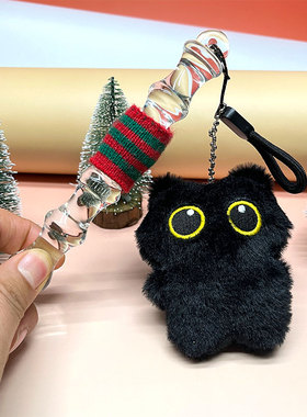 高硼硅实心玻璃竹子+黑色毛绒小猫光滑细腻无毛刺闺蜜礼品1.6*16