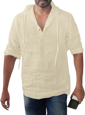 feitong Men's Baggy Cotton Linen Solid Button Plus S