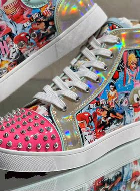 High Top Luxury Red Bottom Graffiti Leather Shoes For Men Sp