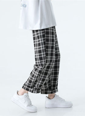 Summer Korean Plaid Pants Men's Fashion Retro Drawst