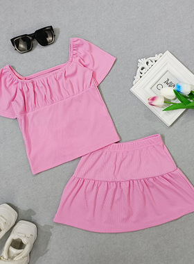 Solid color short-sleeved pleated ruffled A-line skirt Suit